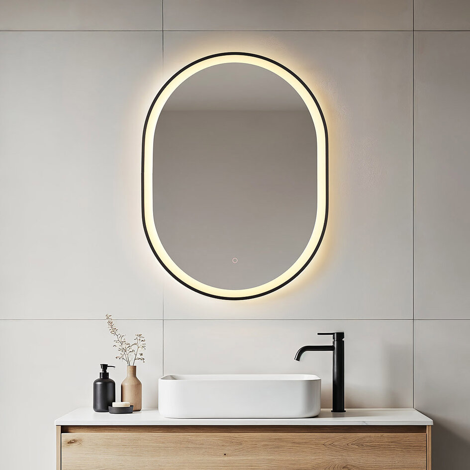 Badkamerspiegel Flare met dimbare LEDs, touch sensor, instelbare kleuren en spiegelverwarming