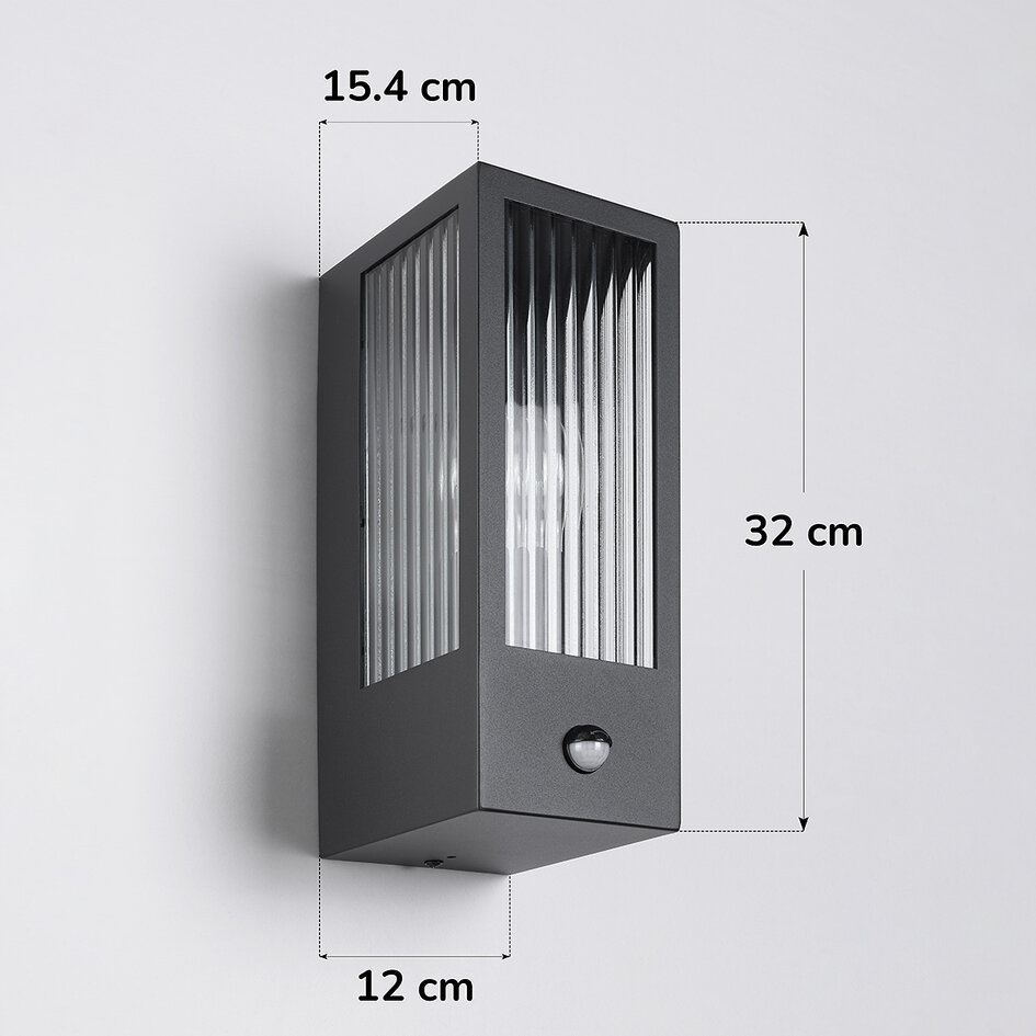 Buitenwandlamp Amiens van glas met geribbeld detail - met bewegingssensor