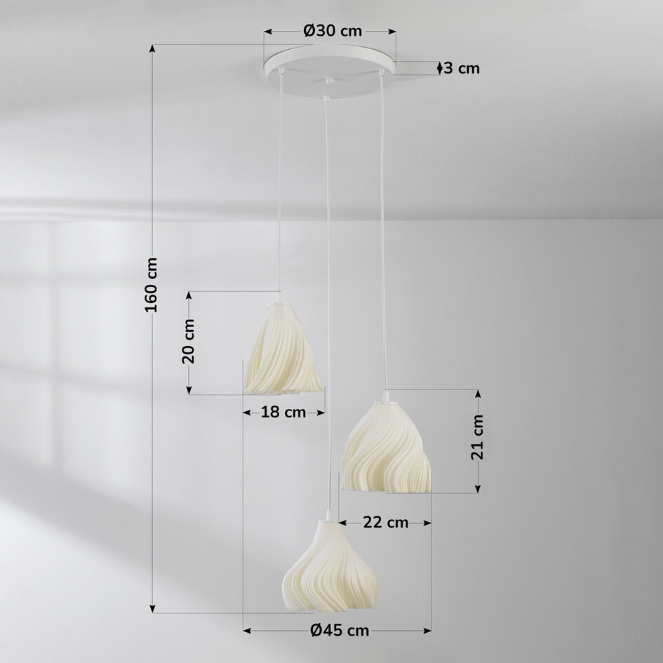 3-lichts hanglamp Inswa 3D-geprint met golvend design