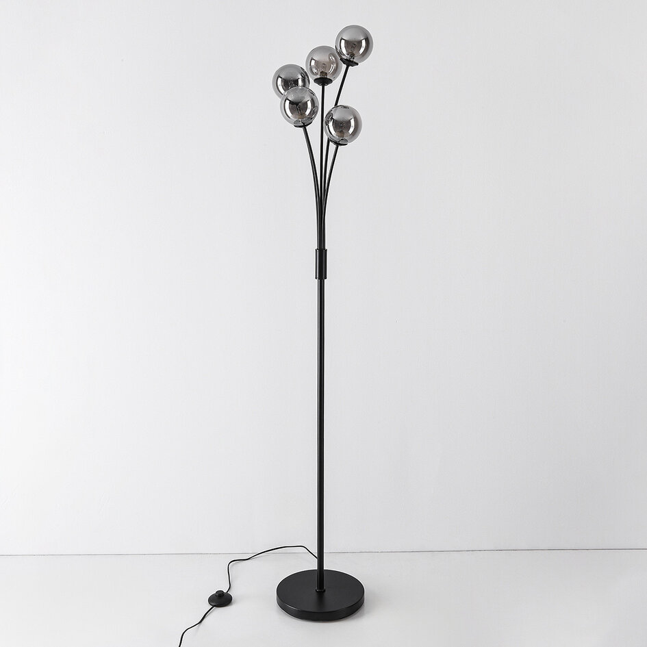 Staande lamp Claire 5-lichts in zwart met smoke glas