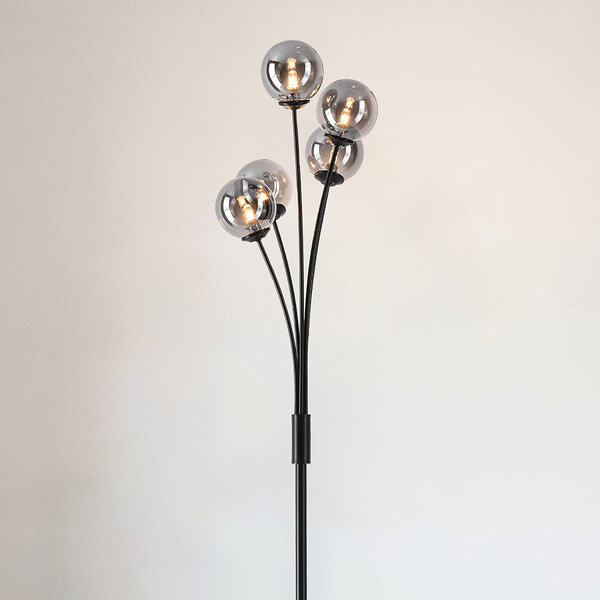Staande lamp Claire in zwart met smoke glas, 5-lichts