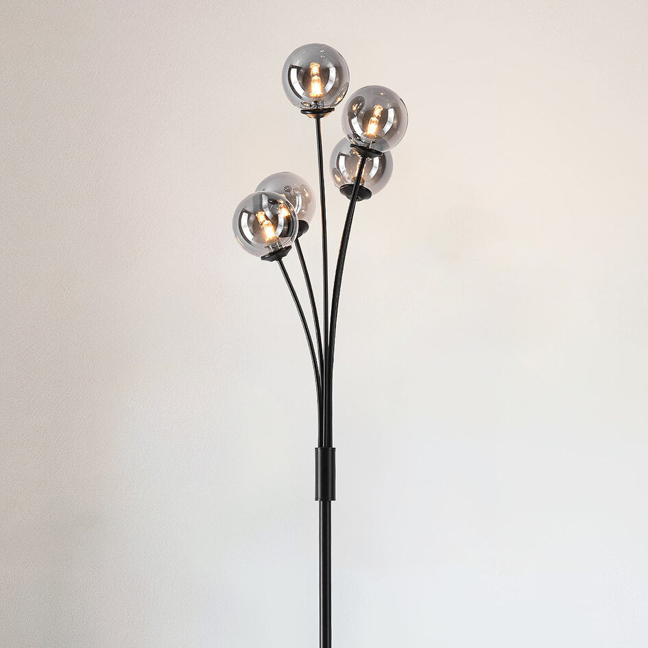 Staande lamp Claire in zwart met smoke glas, 5-lichts