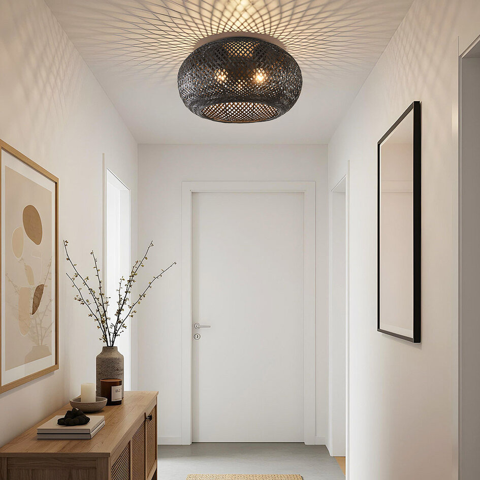 3-lichts plafondlamp Caia van handgevlochten bamboe - zwart