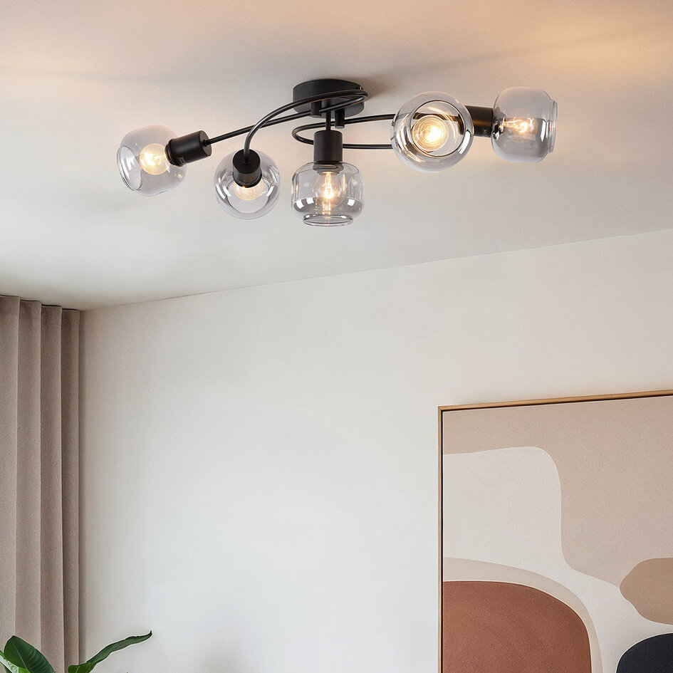 Plafondlamp Globe 5-lichts met smoke glas