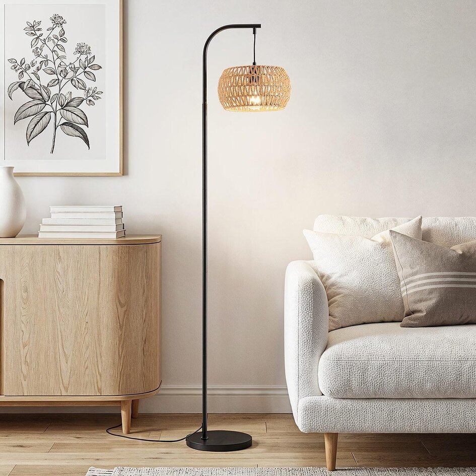 Japandi vloerlamp Sora zwart met natuurlijke kap