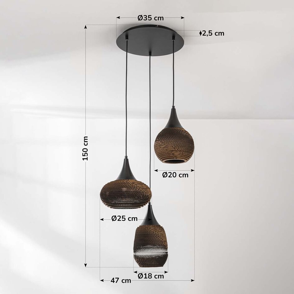 3-lichts design hanglamp van karton Zensa - zwart en bruin