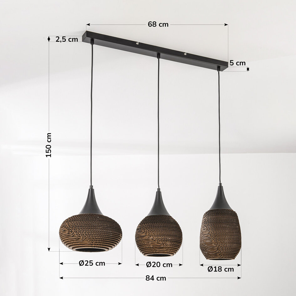 3-lichts hanglamp Folia - zwart en bruin karton