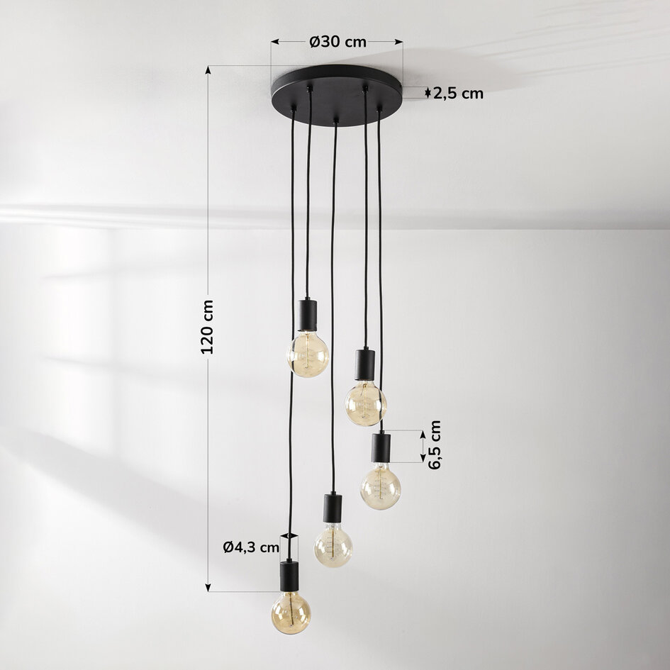 Industriële 5-lichts snoerpendel Illumine - zwart (excl. E27 lampen)