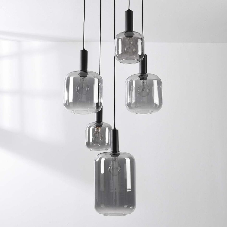 Hanglamp Rustique 5-lichts met smoke glas en zwart armatuur