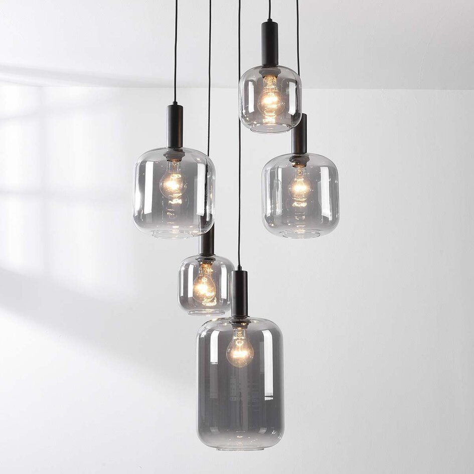 5-lichts hanglamp Rustique - zwart en smoke glas