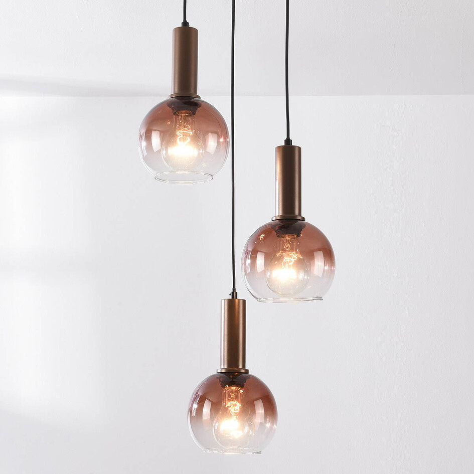 Hanglamp Dijon in bruin met drie glazen bollen met ombre-effect