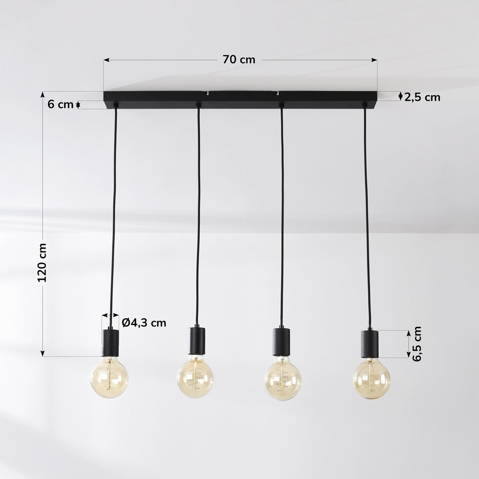 Industriële snoerpendel Nivelle zwart - 4-lichts (excl. E27 lampen)