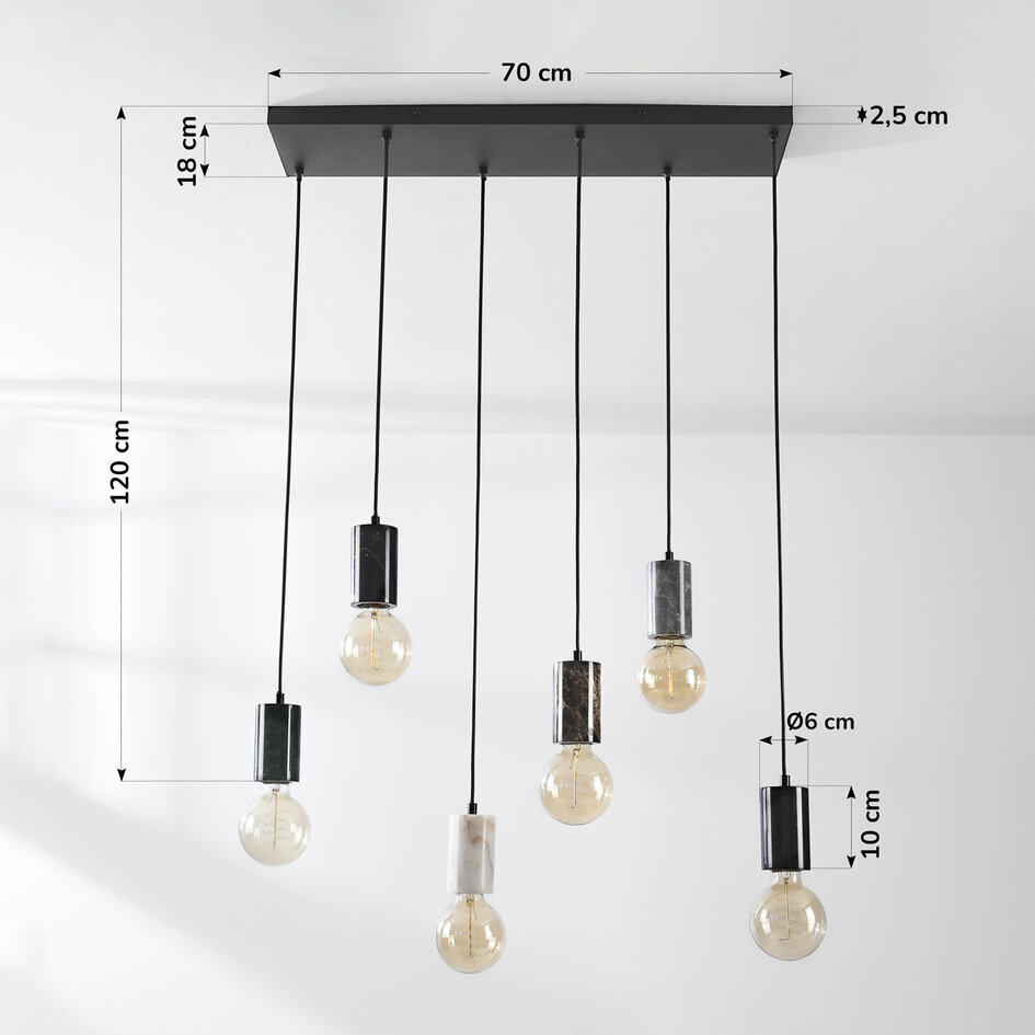 6-lichts snoerpendel Caverna - zwart met marmeren details (excl. E27 lampen)