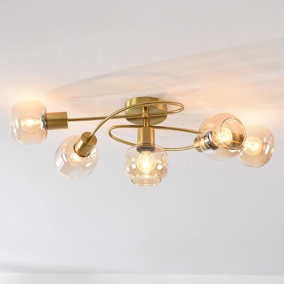 Plafondlamp Globe 5-lichts met amber glas