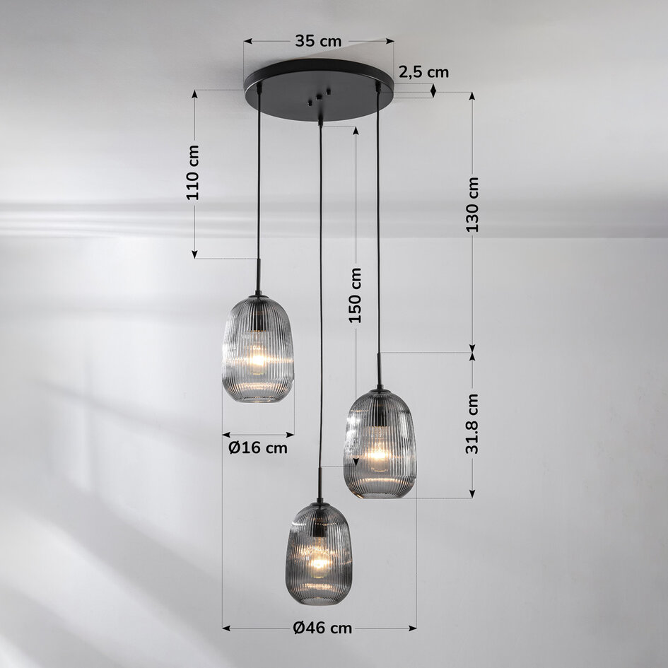 3-lichts hanglamp Isara - geribbeld rookglas