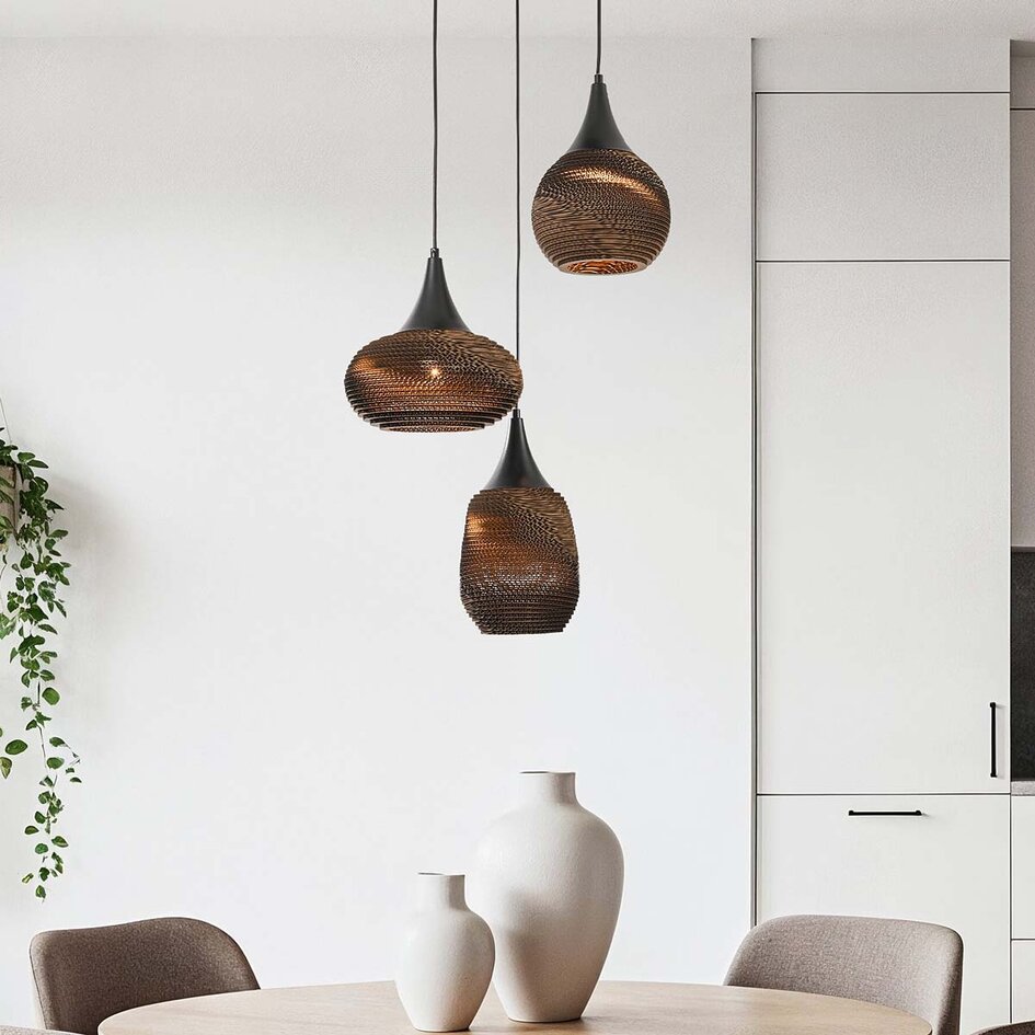 3-lichts design hanglamp van karton Zensa - zwart en bruin