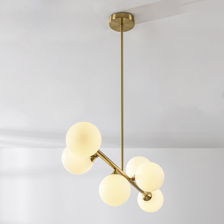 Design plafondlamp goud met melkwit glas, 6-licht - Aster