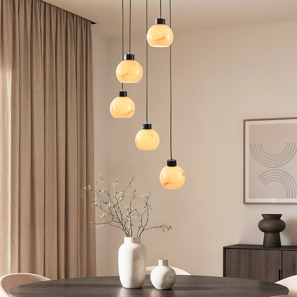 Moderne hanglamp Marmore mat zwart met marmerlook bollen, 5-lichts