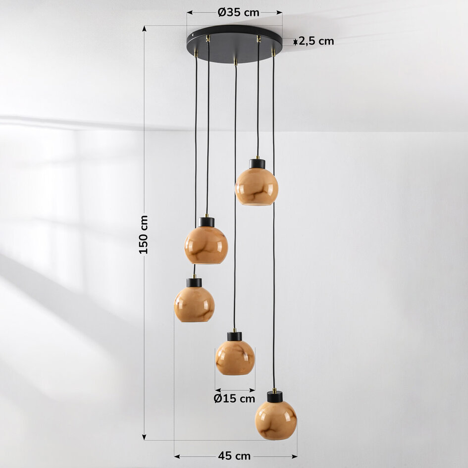 Moderne hanglamp Marmore mat zwart met marmerlook bollen, 5-lichts
