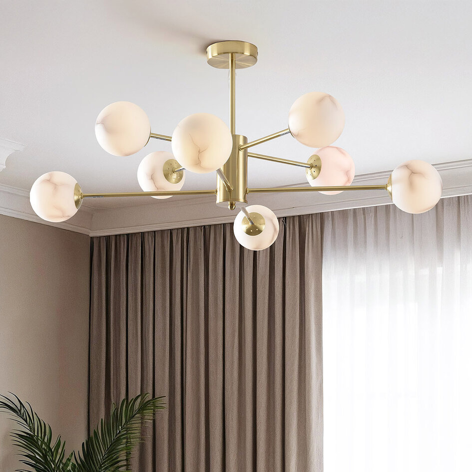 Design zandgouden plafondlamp met marmerlook bollen, 8-lichts - Idaho
