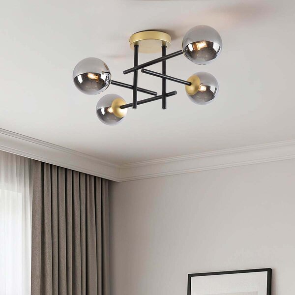 Plafondlamp Caleb, 4-lichts - Smoke glas met spiegeleffect
