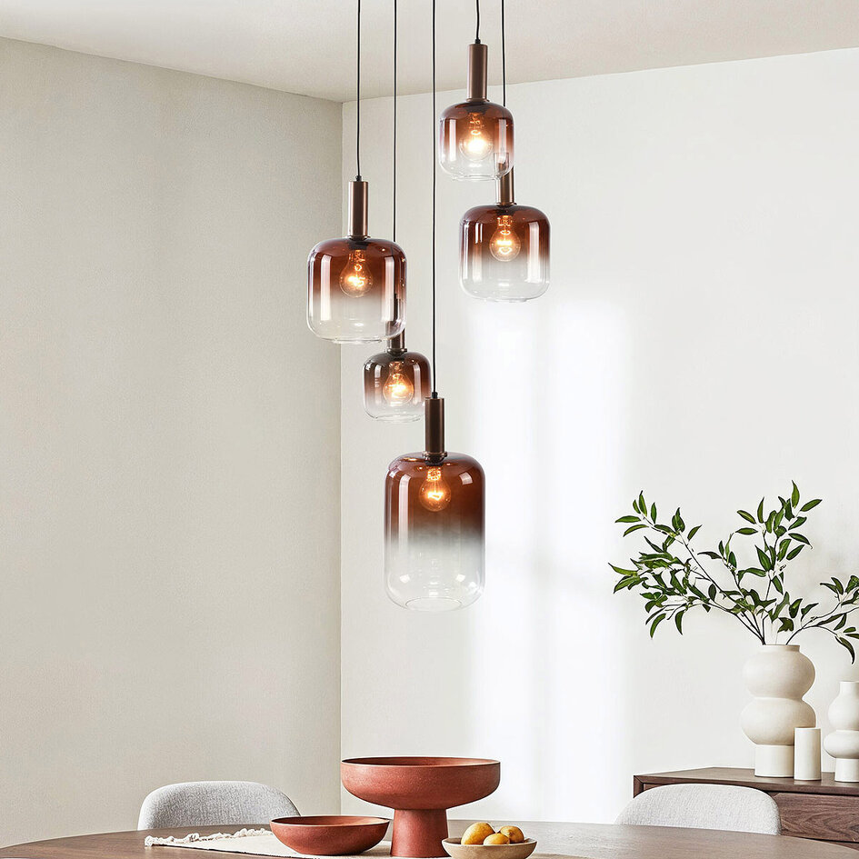 Hanglamp Rustique 5-lichts met lichtbruin glas - brons