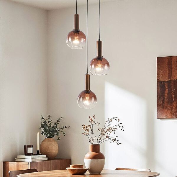 Hanglamp Dijon in bruin met drie glazen bollen met ombre-effect