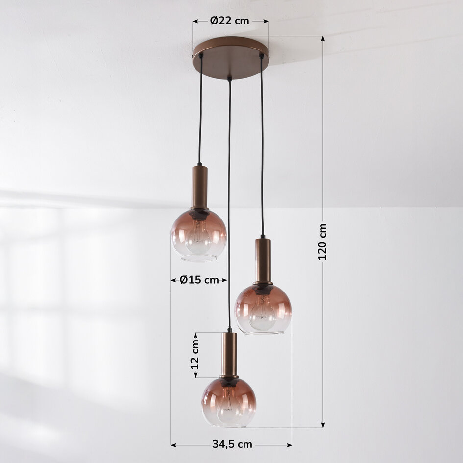 Hanglamp Dijon in bruin met drie glazen bollen met ombre-effect
