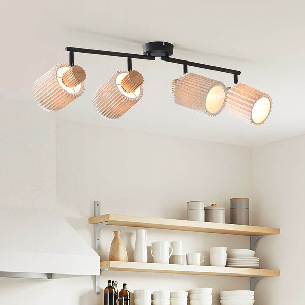 Zwarte plafondlamp Noura met vier draaibare spots van beige stof