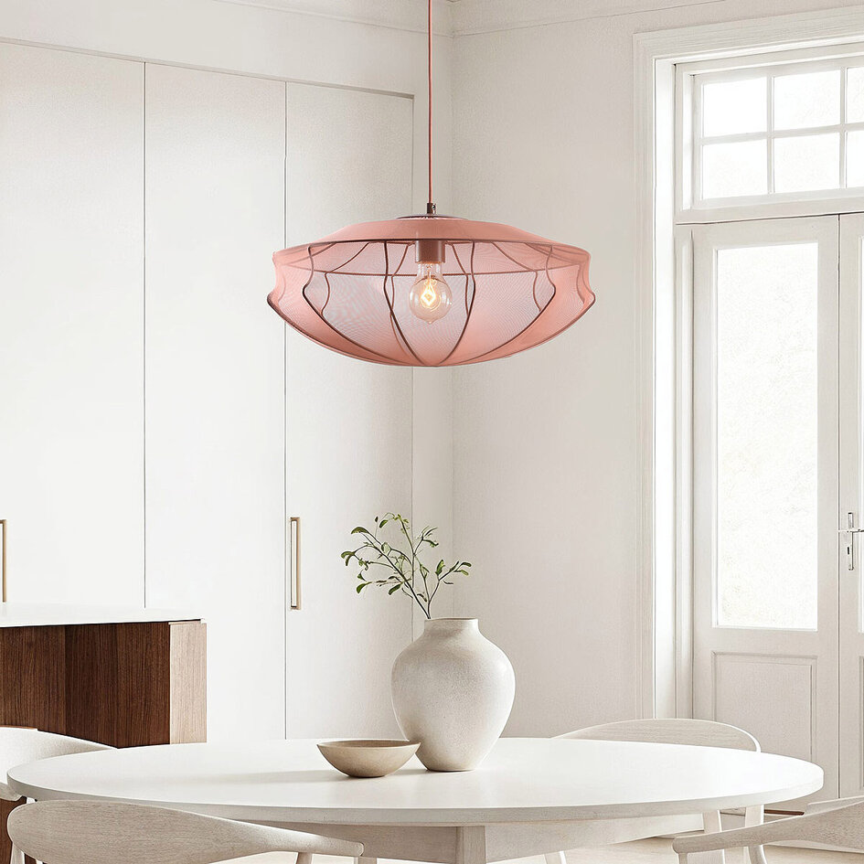 Minimalistische hanglamp Feronia met zachtroze stoffen kap Ø45 cm