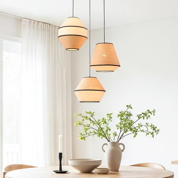 3-lichts Japandi hanglamp Rep met natuurlijke kappen van stof en gevlochten touw