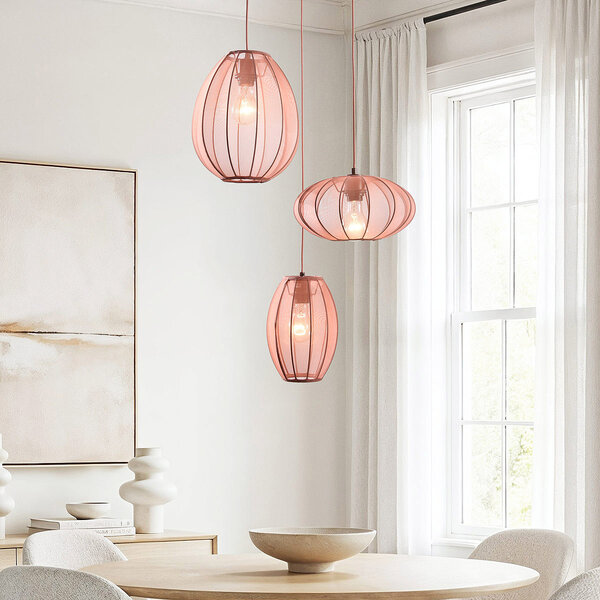 3-lichts Japandi hanglamp Velora met bruine stoffen kappen