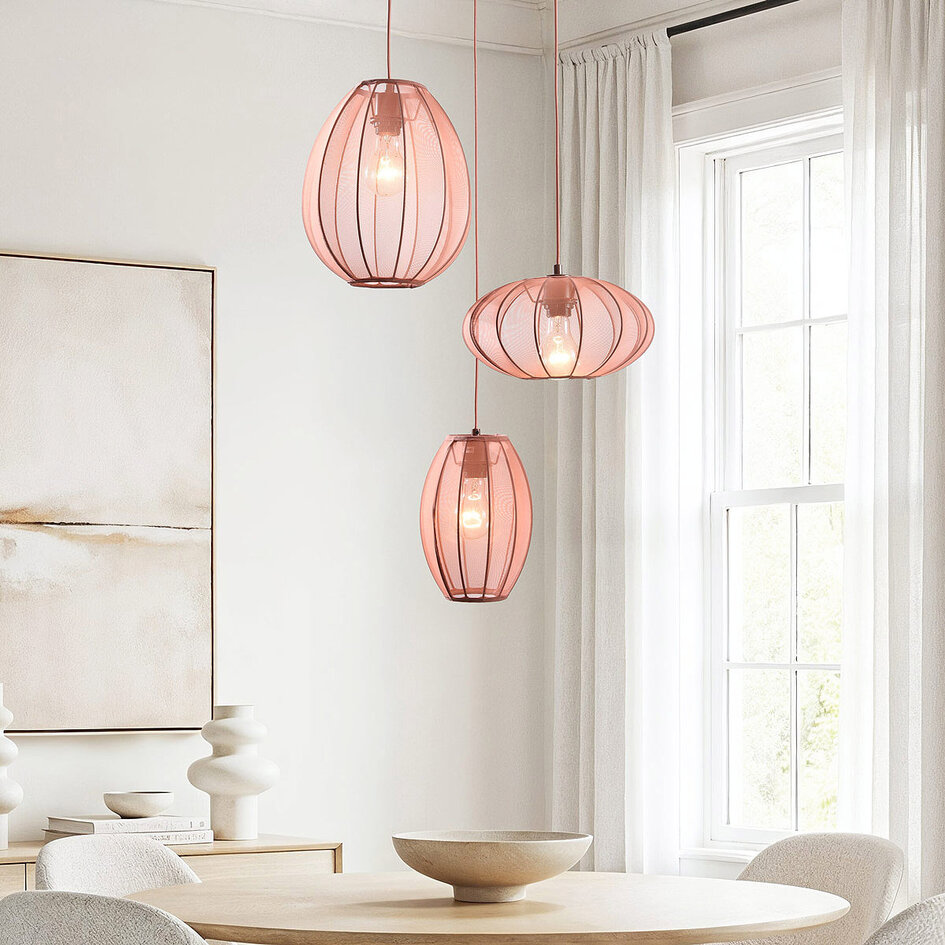 3-lichts Japandi hanglamp Velora met bruine stoffen kappen