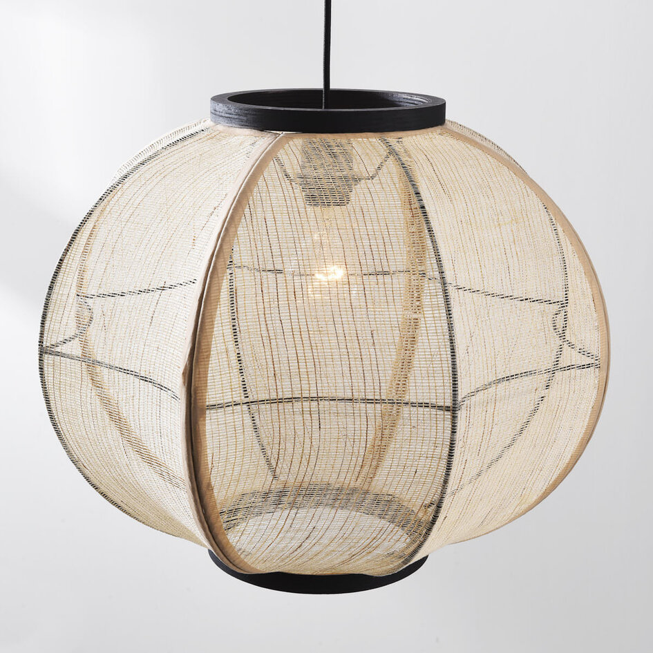 Japandi hanglamp Chairo - naturel linnen en zwart hout