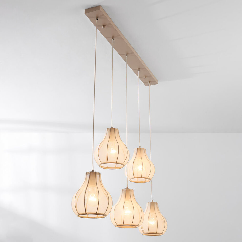 Japandi hanglamp Senji  – 5-lichts zandtaupe met linnen kappen