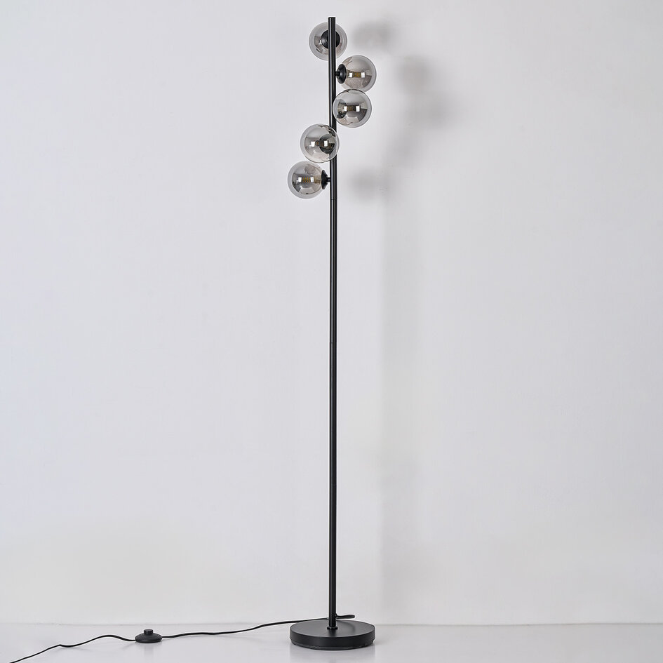 Vloerlamp Tyson 5-lichts in zwart met smoke glas