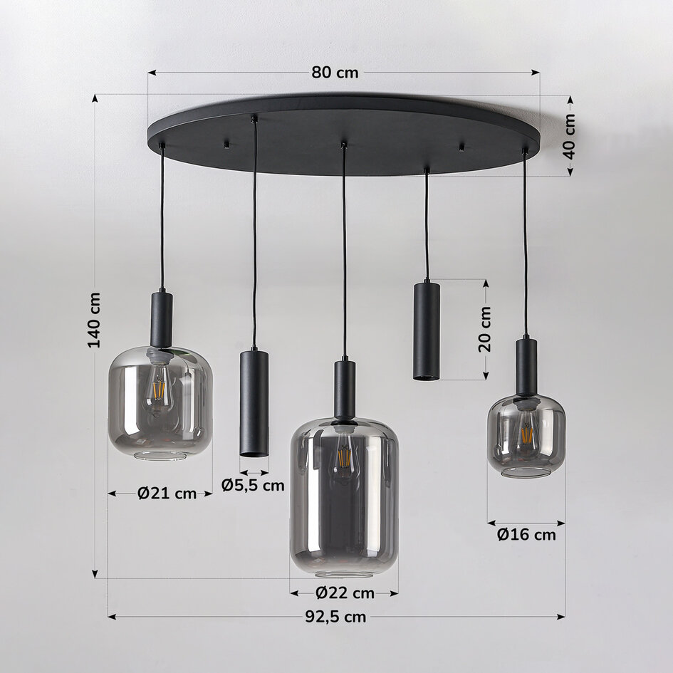 5-lichts hanglamp Yoku - zwart en rookglas