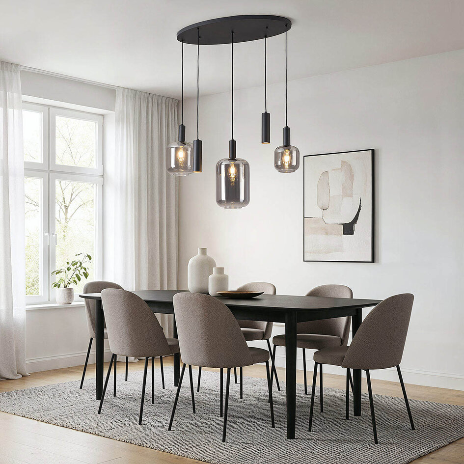 Moderne hanglamp Yoku zwart met rookglas, 5-lichts