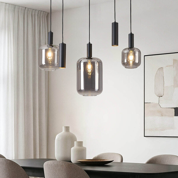 Moderne hanglamp Yoku zwart met rookglas, 5-lichts