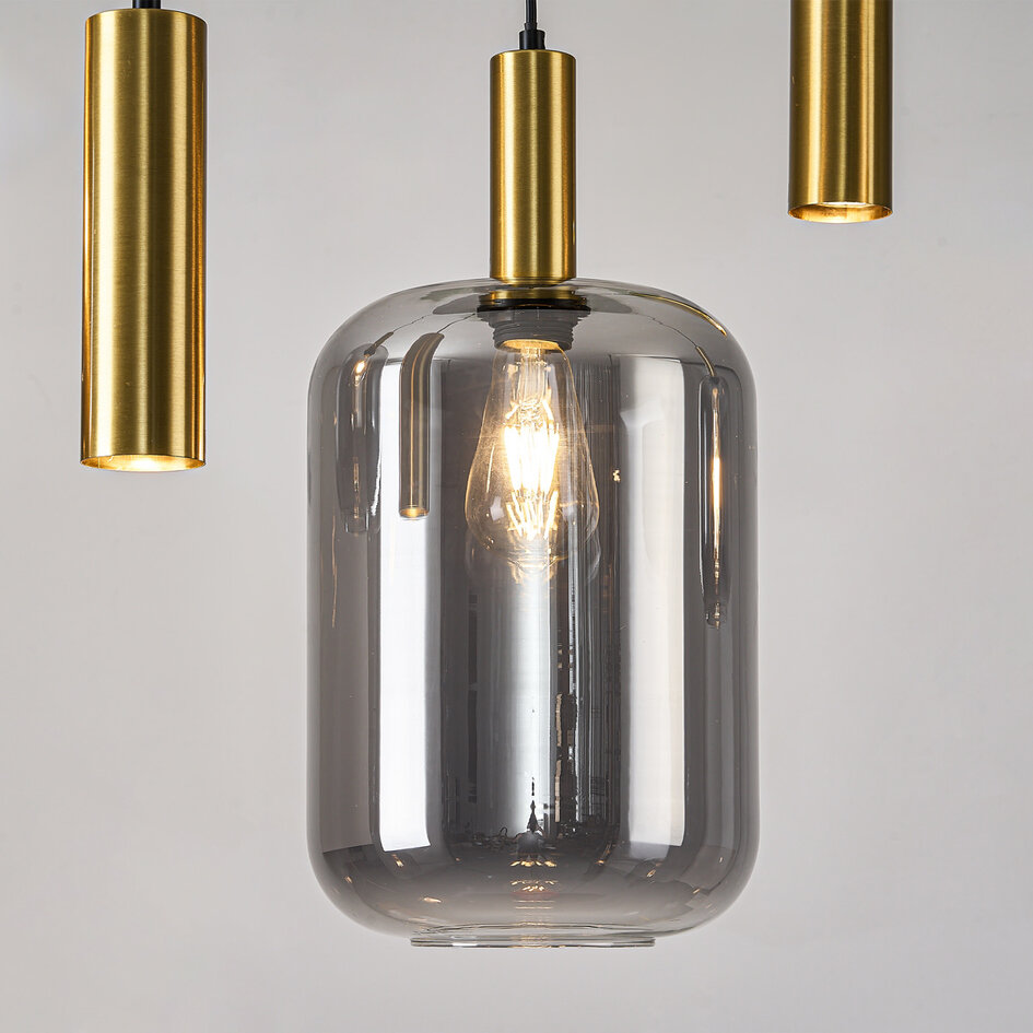 5-lichts hanglamp Yoku - goud en rookglas