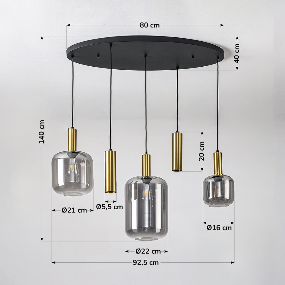 Hanglamp Yoku met rookglas en messing-gouden details, 5-lichts