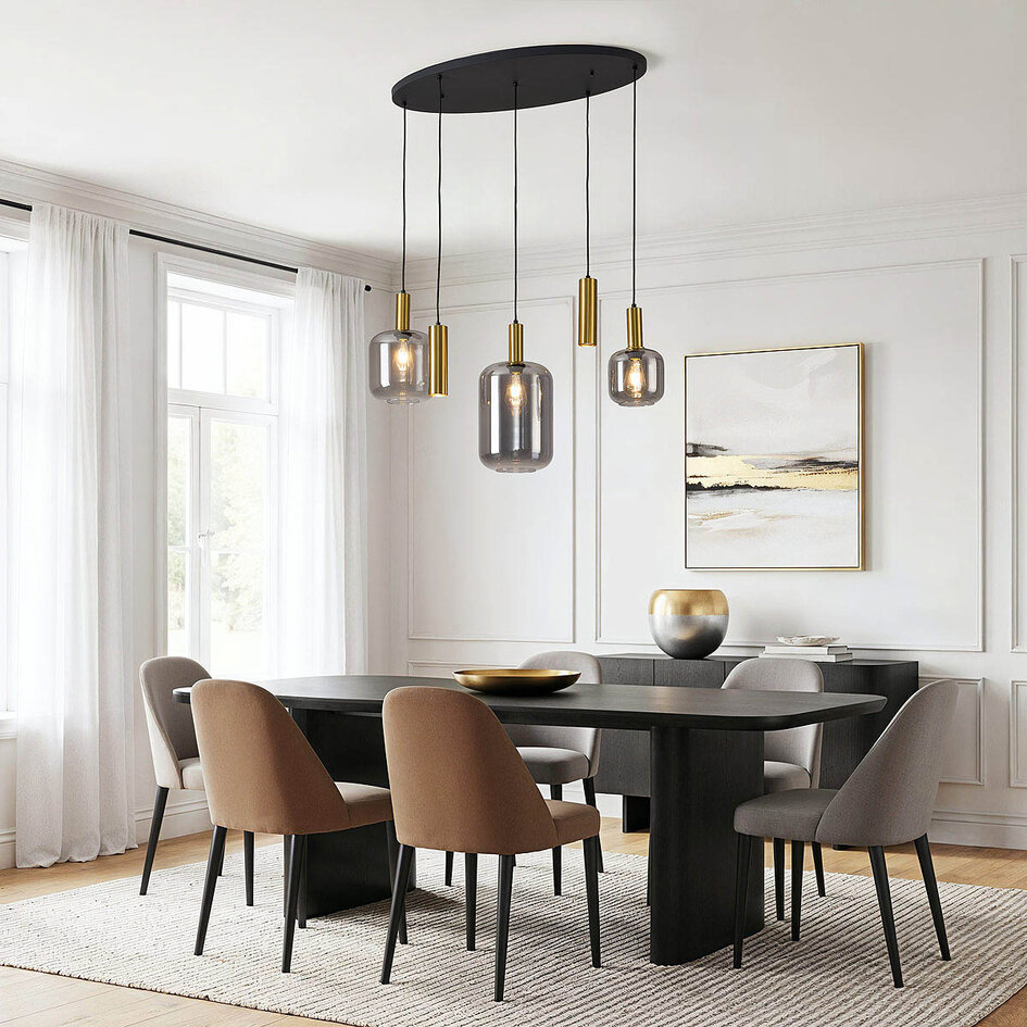 Hanglamp Yoku met rookglas en messing-gouden details, 5-lichts