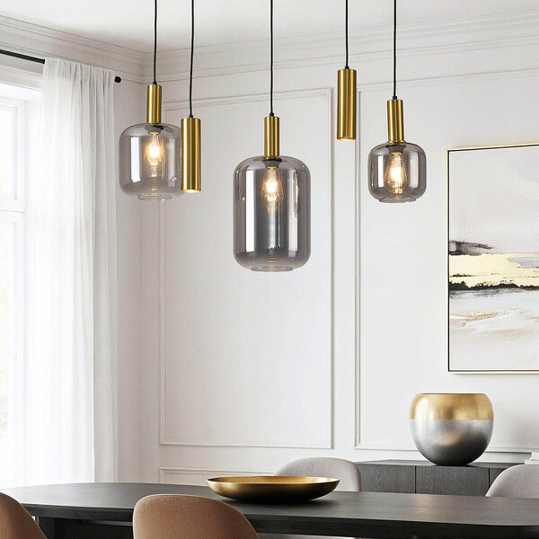 Hanglamp Yoku met rookglas en messing-gouden details, 5-lichts