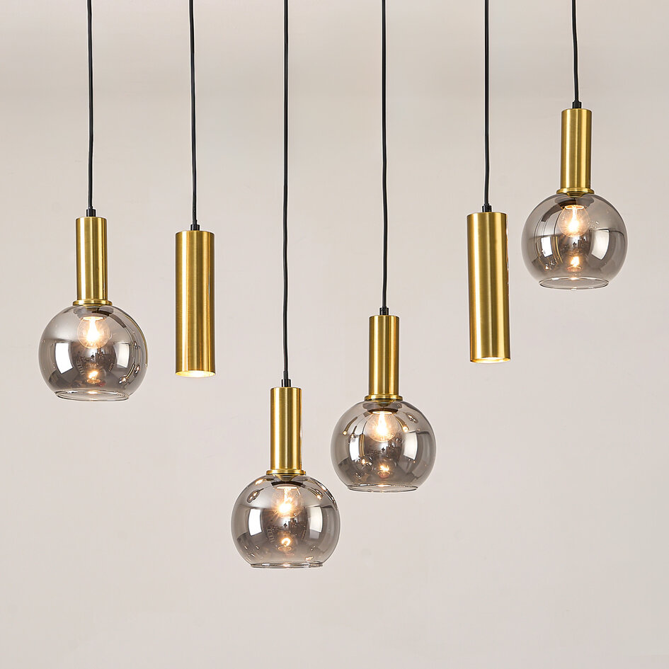 6-lichts design hanglamp Doku met rookglas en goud-messing details