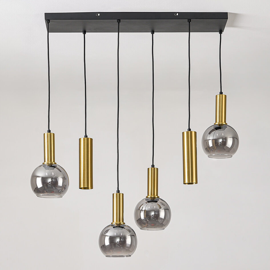 6-lichts design hanglamp Doku met rookglas en goud-messing details
