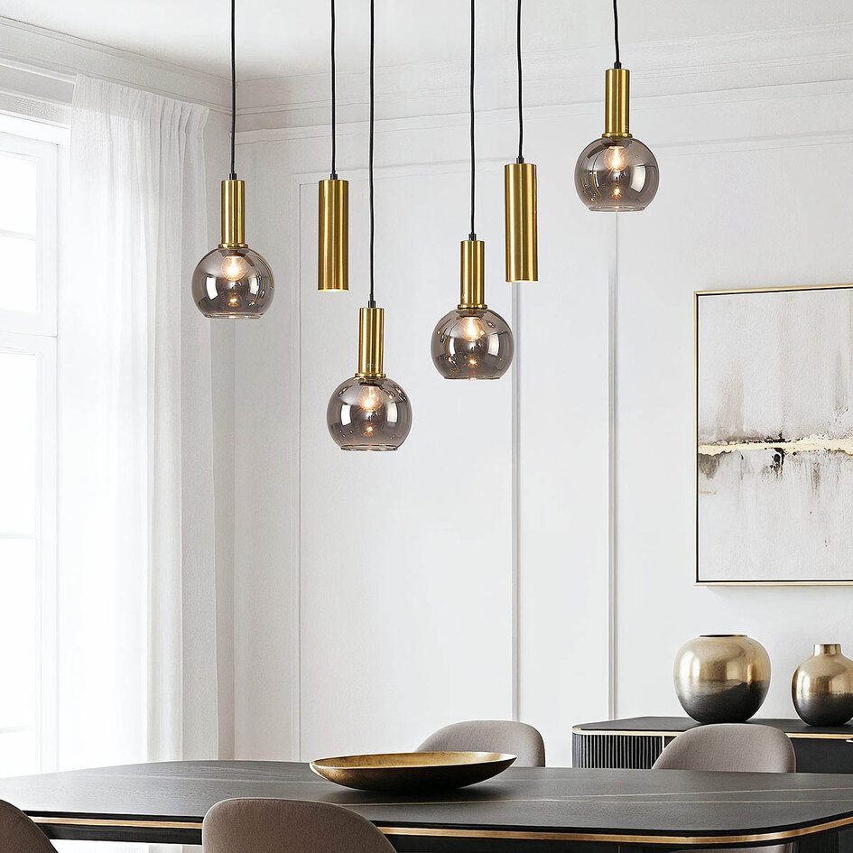 6-lichts design hanglamp Doku met rookglas en goud-messing details