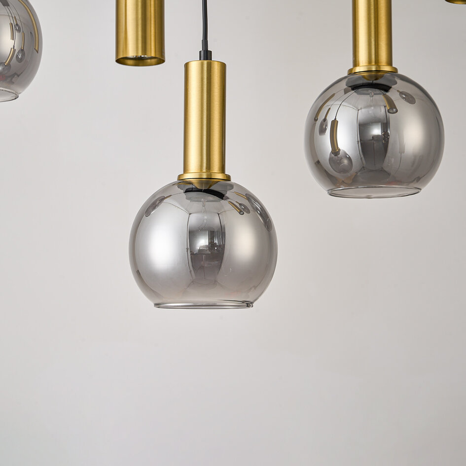 6-lichts design hanglamp Doku met rookglas en goud-messing details