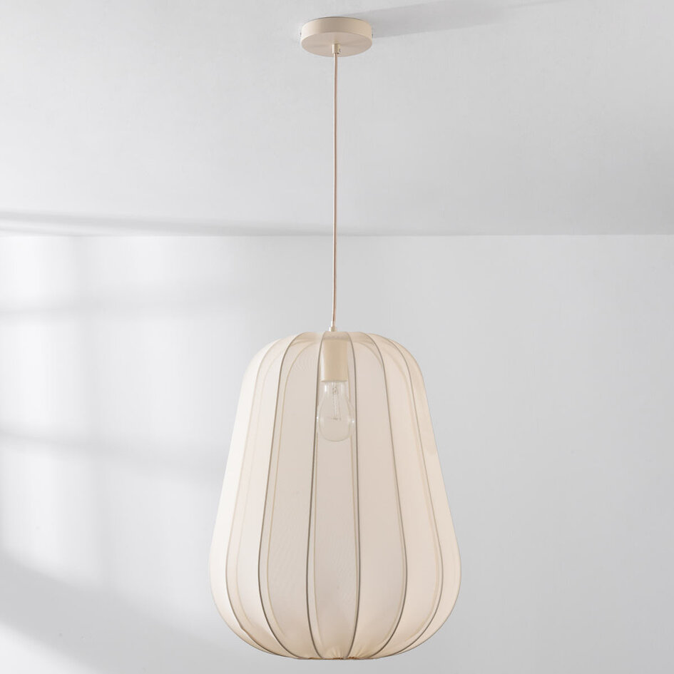 Stoffen hanglamp Mousa – Japandi stijl met druppelvormige lichtbeige kap