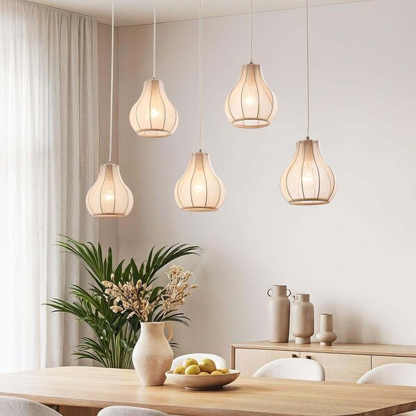 Japandi hanglamp Senji  – 5-lichts zandtaupe met linnen kappen