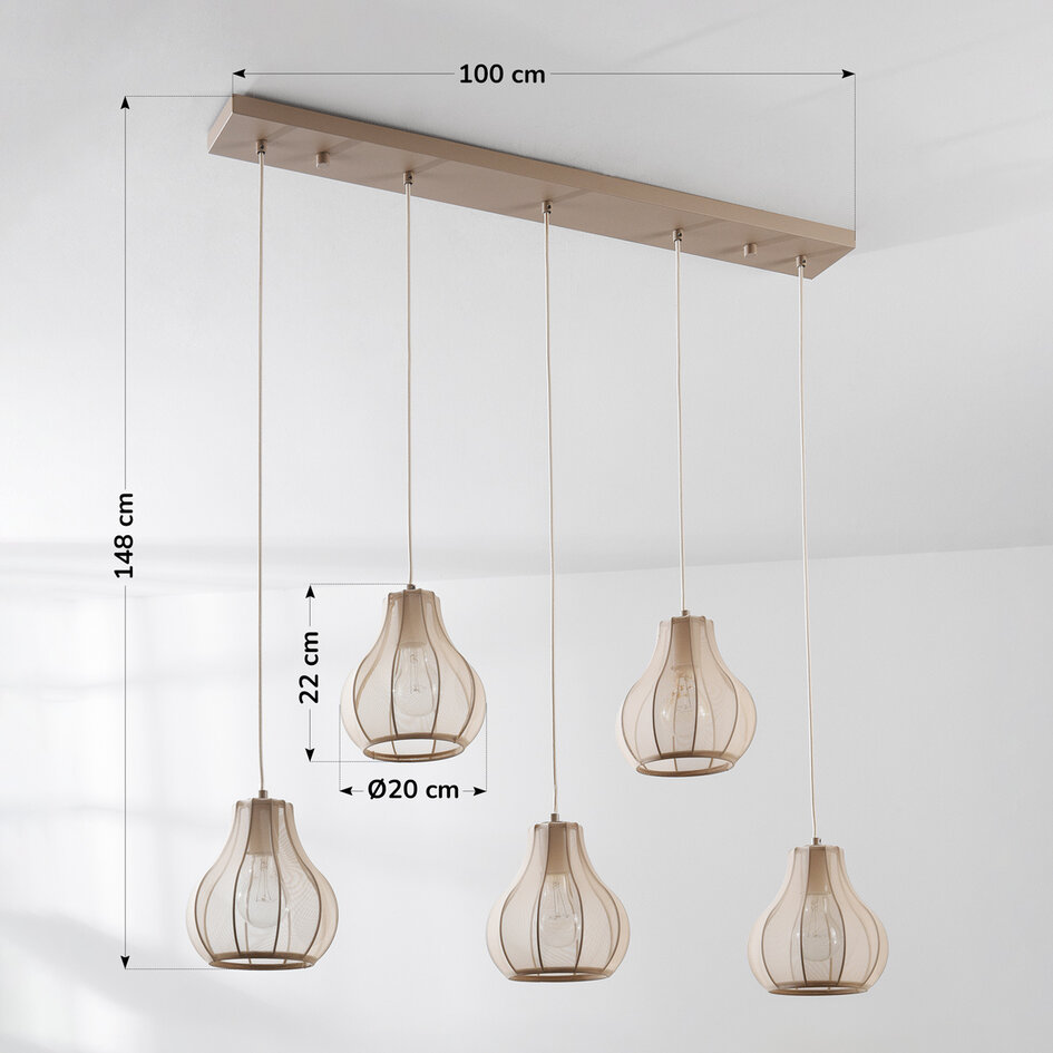 Japandi hanglamp Senji  – 5-lichts zandtaupe met linnen kappen